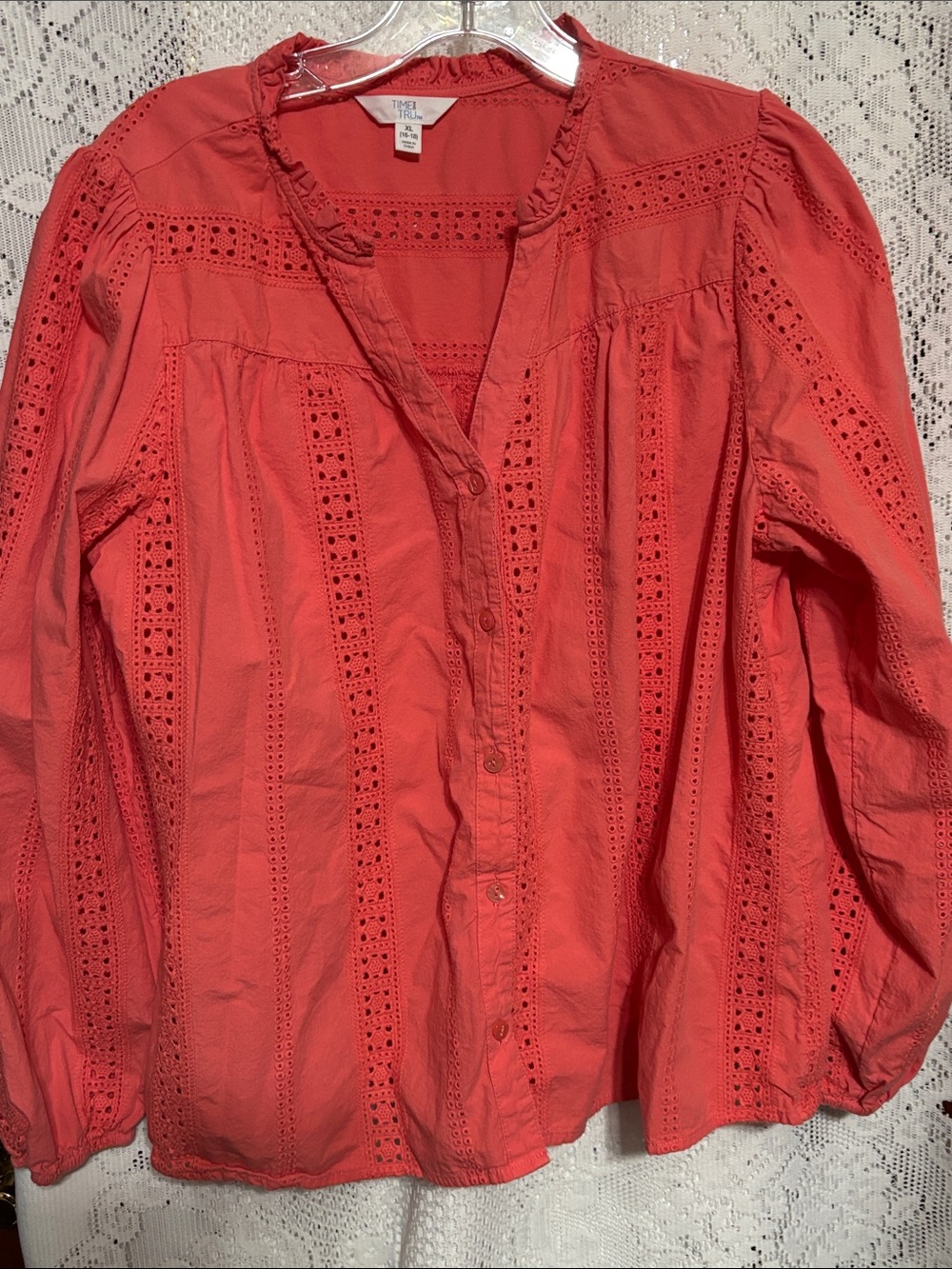 Time and Tru Coral Eyelet Button-Down Blouse size XL